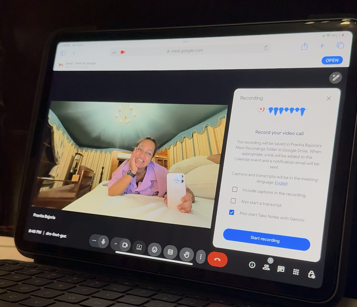 A live session being recorded — Pranita on a Google Meet call